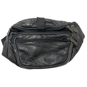 TINDER Leather Patchwork Black Large Bum Bag Hip Fanny Pack Travel VTG 80s